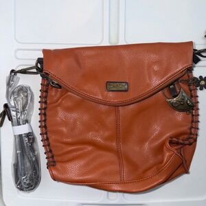 Chala Foldover Crossbody Bag Orange Vegan Leather Owl Whipstitch Boho Large